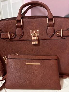 Dasein Brown Leather Tote with Matching Pouch